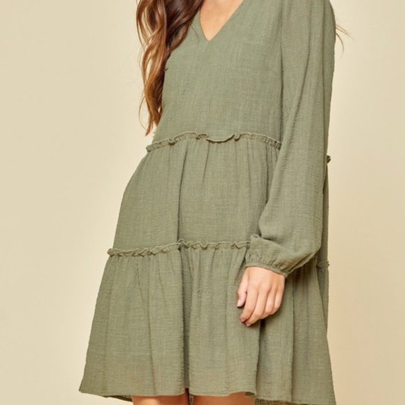 Women's Olive Mini Tiered Long Sleeve Dress - Picture 3 of 5